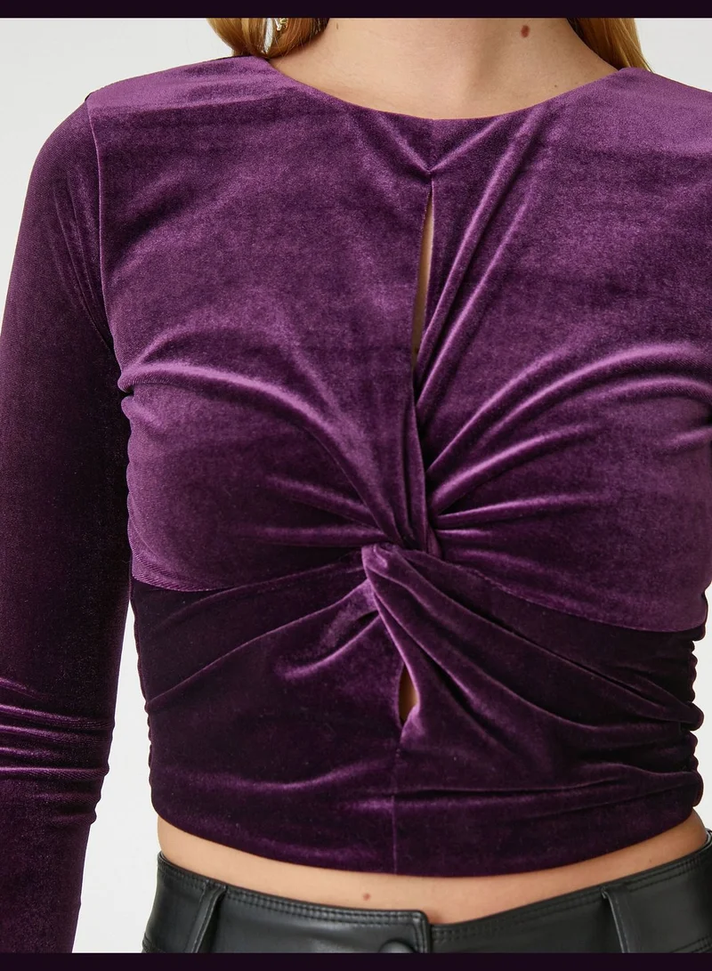 كوتون Long Sleeve Knot Detail Crop Velvet Blouse