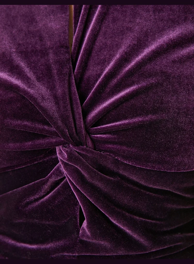 كوتون Long Sleeve Knot Detail Crop Velvet Blouse