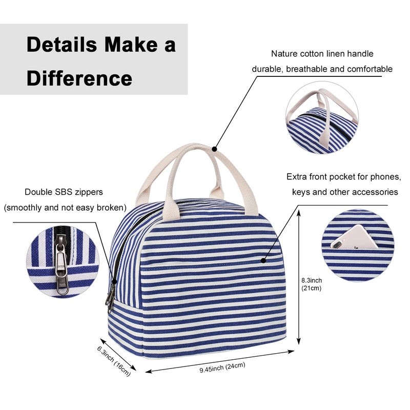EurCross Blue and White Stripes Lunch Bag Women,Cooler Tote Bag Insulated Lunch Bento Box Bag, Canvas Portable Tote Thermal Bag for Adult Women and Men for Work - Image 2
