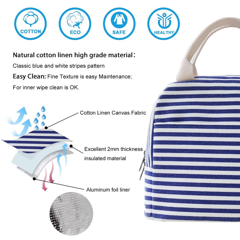 EurCross Blue and White Stripes Lunch Bag Women,Cooler Tote Bag Insulated Lunch Bento Box Bag, Canvas Portable Tote Thermal Bag for Adult Women and Men for Work - Image 3
