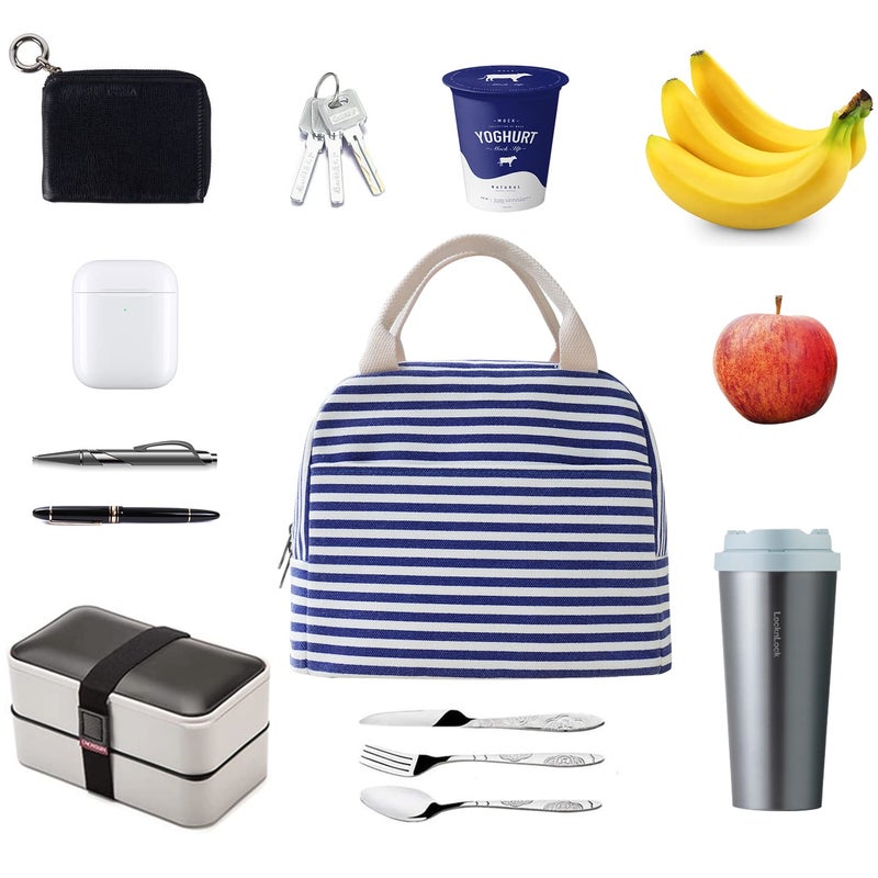 EurCross Blue and White Stripes Lunch Bag Women,Cooler Tote Bag Insulated Lunch Bento Box Bag, Canvas Portable Tote Thermal Bag for Adult Women and Men for Work - Image 4