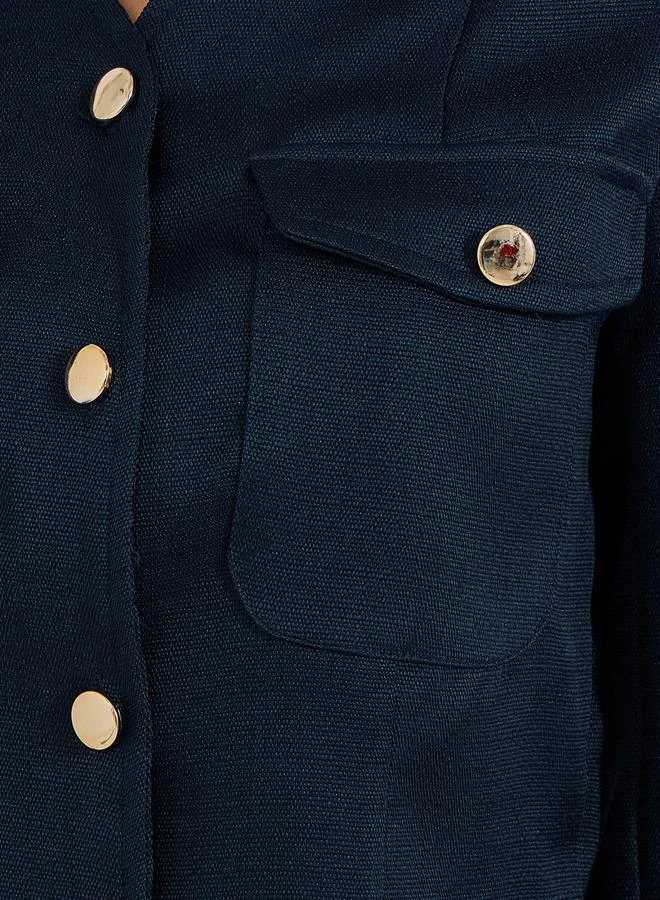 Styli Tweed V Neck Blouse with Chest Pocket Details