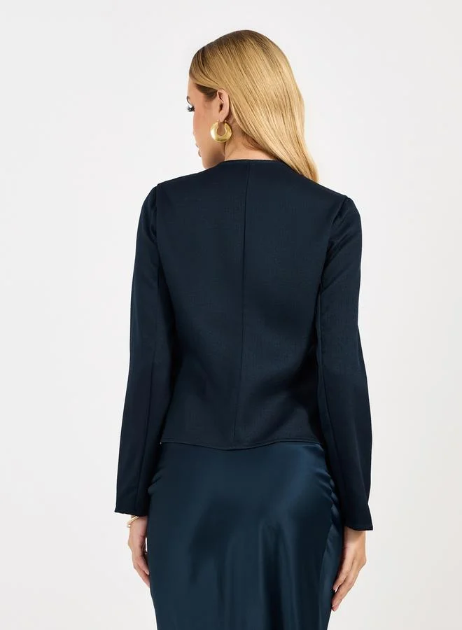Styli Tweed V Neck Blouse with Chest Pocket Details