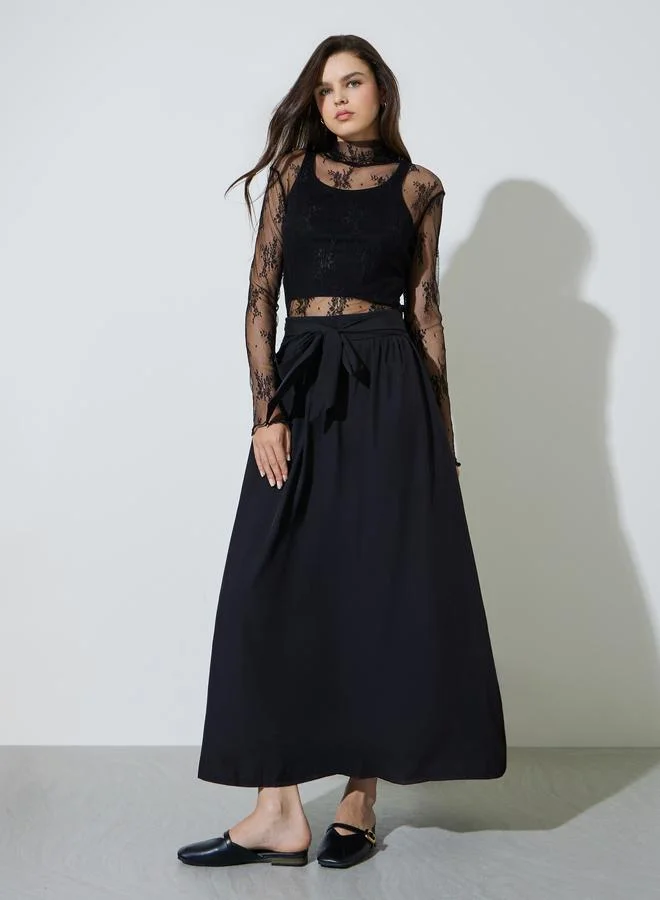 تايك تو Black Tie-Waist Maxi Skirt with Side Slit