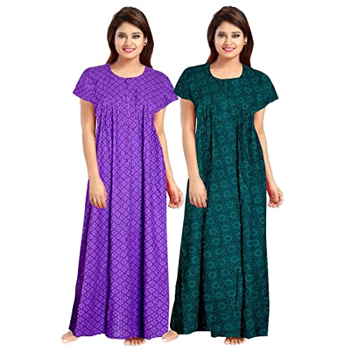 NEGLIGEE Women's Cotton Printed Maxi Nightgown Nighty for Women Ankle Length Night Dress - Pack of 2 (Free Size, 03 Purple & Green) - Image 1