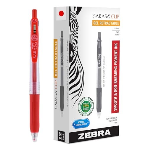 Zebra Pen Sarasa Clip Recycled Retractable Gel Pen 05mm Fine Point Red Ink WaterBased Ideal for Office and School Journal Note Taking and Planner Use 75 Recycled 12Pack 47330AMZ - Image 1