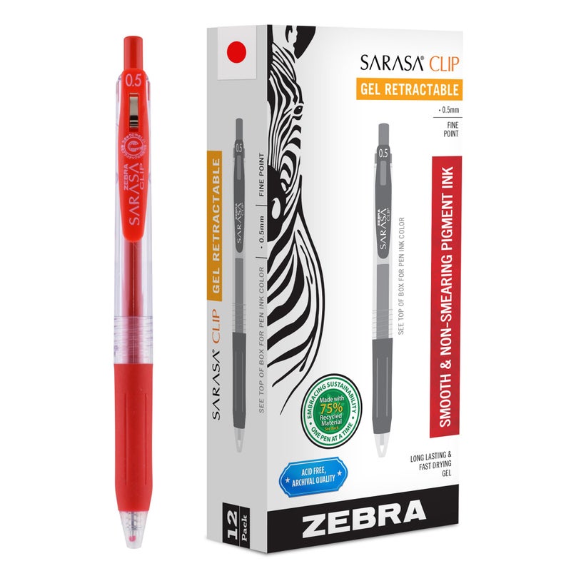 Zebra Pen Sarasa Clip Recycled Retractable Gel Pen 05mm Fine Point Red Ink WaterBased Ideal for Office and School Journal Note Taking and Planner Use 75 Recycled 12Pack 47330AMZ - Image 2