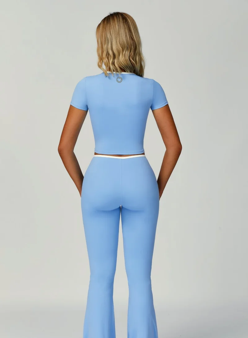 Kawn.yoga Sky Blue Womens Square Neckline Short Sleeves Fitted Crop Top for Women | Best Price UAE