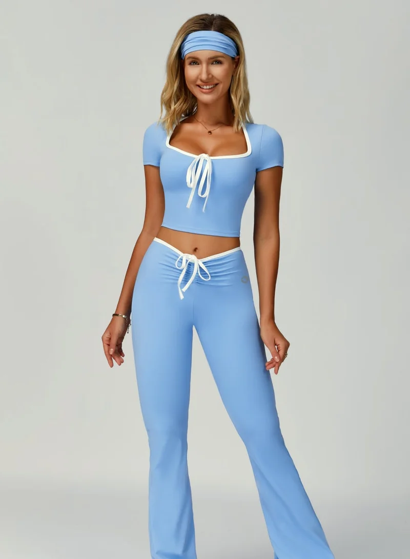 Kawn.yoga Sky Blue Womens Square Neckline Short Sleeves Fitted Crop Top for Women | Best Price UAE