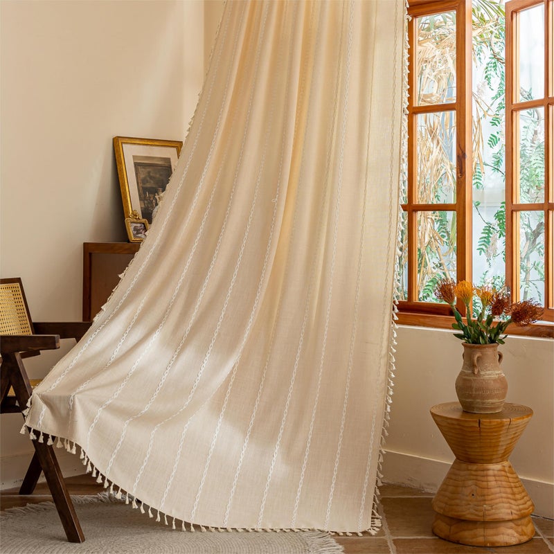 Sutuo Home Champagne Boho Farmhouse Curtains for Bedroom Living Room, Light Filtering Linen Shabby Chic Tassels Window Treatment Bohemian Drape for House Decor, Rod Pocket 1 Panel 52" W x 84" L - Image 1