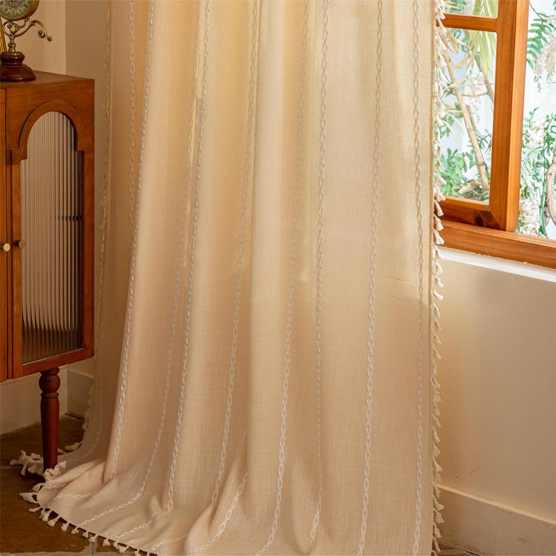Sutuo Home Champagne Boho Farmhouse Curtains for Bedroom Living Room, Light Filtering Linen Shabby Chic Tassels Window Treatment Bohemian Drape for House Decor, Rod Pocket 1 Panel 52" W x 84" L - Image 5