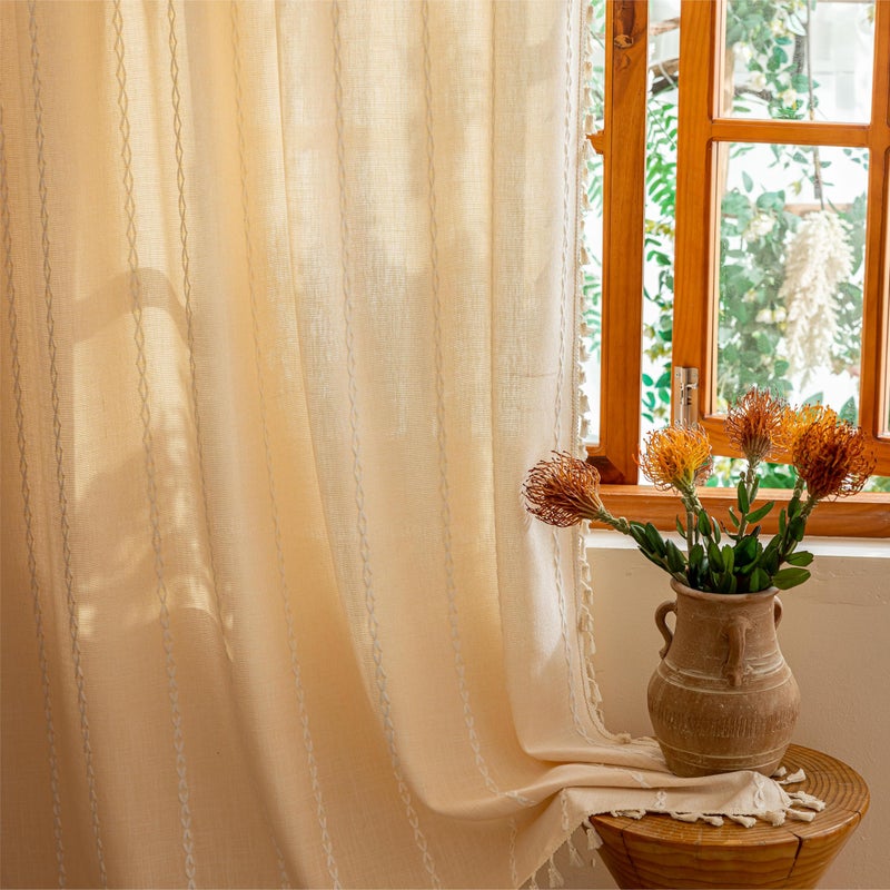 Sutuo Home Champagne Boho Farmhouse Curtains for Bedroom Living Room, Light Filtering Linen Shabby Chic Tassels Window Treatment Bohemian Drape for House Decor, Rod Pocket 1 Panel 52" W x 84" L - Image 3
