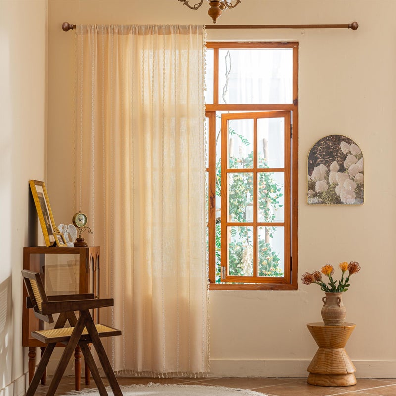 Sutuo Home Champagne Boho Farmhouse Curtains for Bedroom Living Room, Light Filtering Linen Shabby Chic Tassels Window Treatment Bohemian Drape for House Decor, Rod Pocket 1 Panel 52" W x 84" L - Image 2