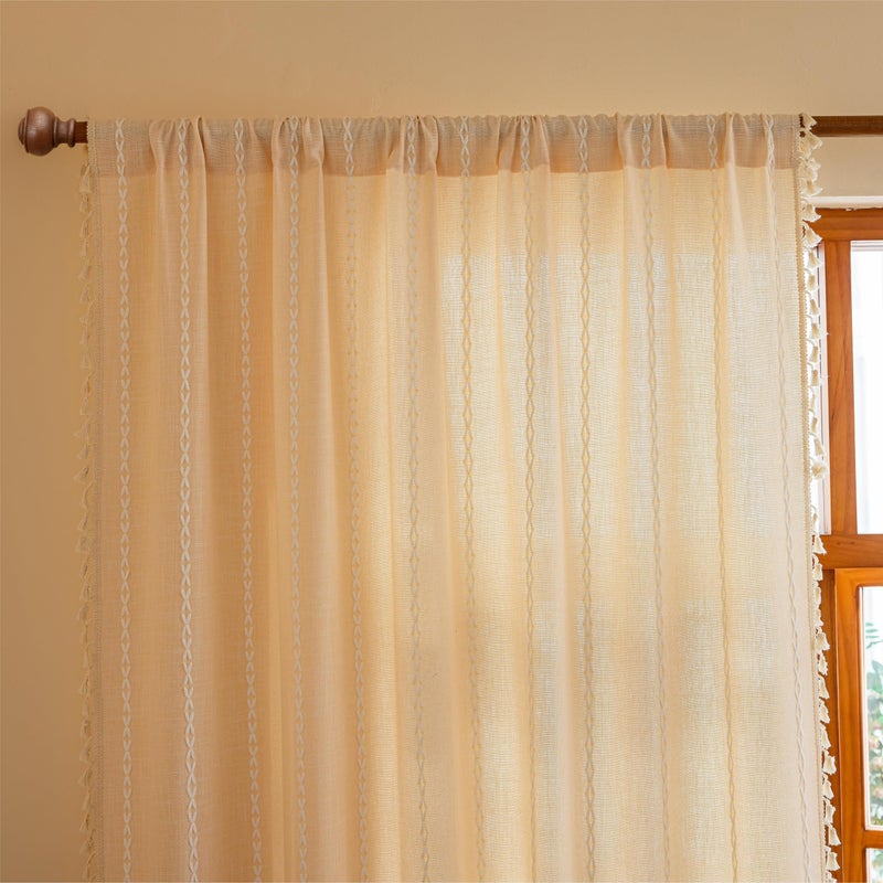 Sutuo Home Champagne Boho Farmhouse Curtains for Bedroom Living Room, Light Filtering Linen Shabby Chic Tassels Window Treatment Bohemian Drape for House Decor, Rod Pocket 1 Panel 52" W x 84" L - Image 4