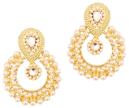 Touchstone Indian Bollywood Chandbali Moon Kundan Polki Look Faux Pearls And Faux Blue Sapphire Rhinestones Long Bridal Designer Jewelry Chandelier Earrings For Women In Gold Tone - Image 1