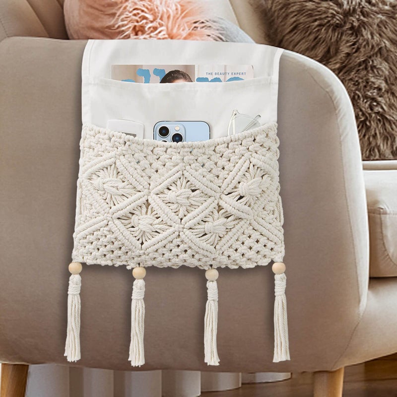 iMontato Boho Remote Control Holder, Bedside Storage Organizer, Sofa Couch Armchair Caddy with 4 Pockets, Sofa Armrest Organizer for Remotes, Cellphone, Magazine, iPad, Boho Room Decor, Ivory RH0101 - Image 1