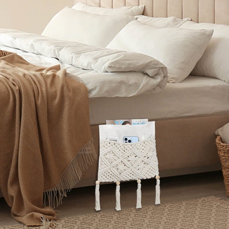 iMontato Boho Remote Control Holder, Bedside Storage Organizer, Sofa Couch Armchair Caddy with 4 Pockets, Sofa Armrest Organizer for Remotes, Cellphone, Magazine, iPad, Boho Room Decor, Ivory RH0101 - Image 3