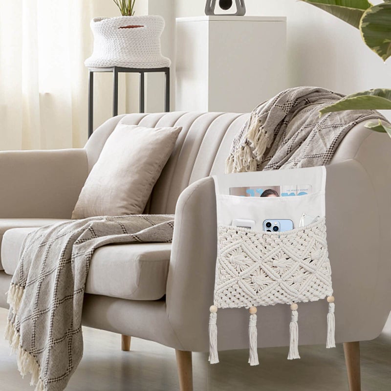 iMontato Boho Remote Control Holder, Bedside Storage Organizer, Sofa Couch Armchair Caddy with 4 Pockets, Sofa Armrest Organizer for Remotes, Cellphone, Magazine, iPad, Boho Room Decor, Ivory RH0101 - Image 2