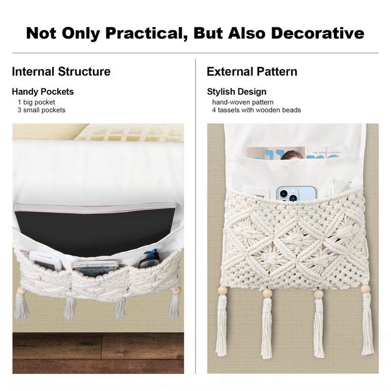 iMontato Boho Remote Control Holder, Bedside Storage Organizer, Sofa Couch Armchair Caddy with 4 Pockets, Sofa Armrest Organizer for Remotes, Cellphone, Magazine, iPad, Boho Room Decor, Ivory RH0101 - Image 4