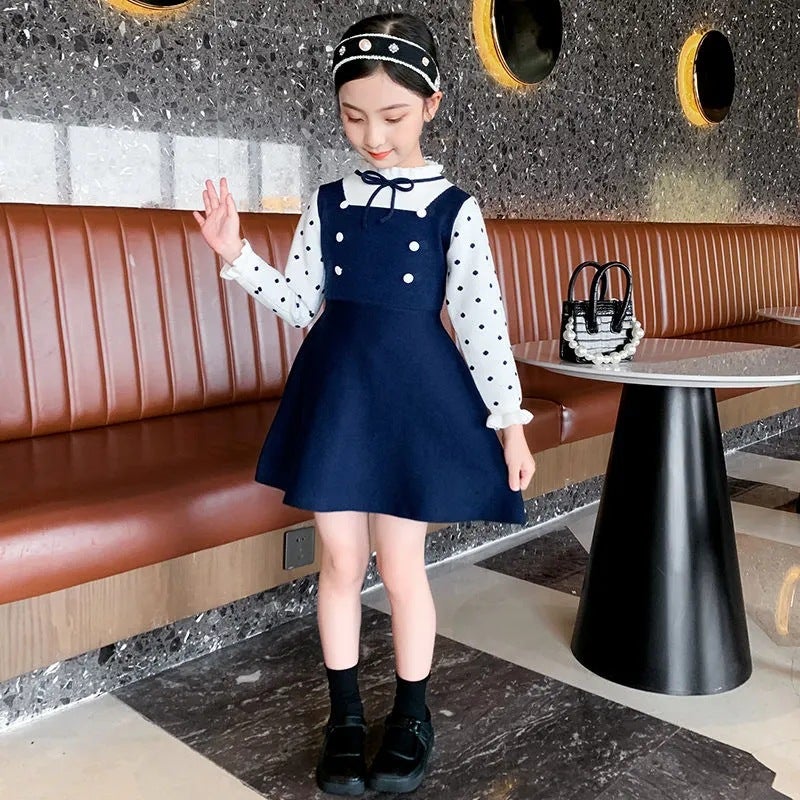 Girls Red Polka Dot Knit Sweater Dress Autumn Navy blue