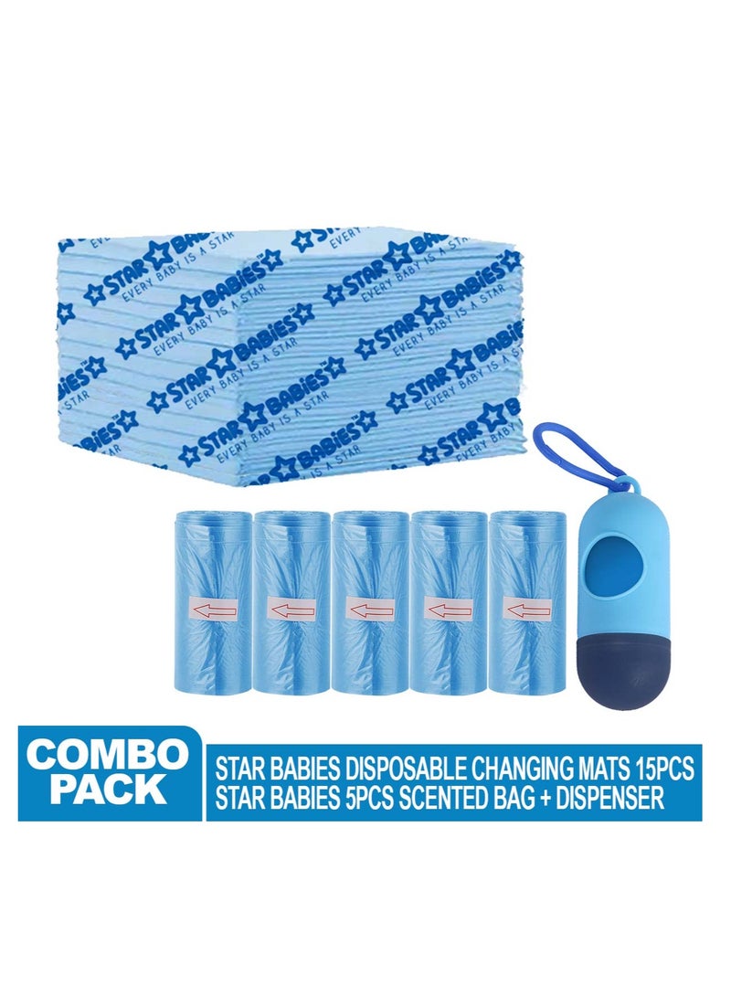 STAR BABiES حزمة كومبو (حقيبة معطرة 5 قطع مع موزع، حصيرة تغيير قابلة للتخلص 15 قطعة) - أزرق - Image 2
