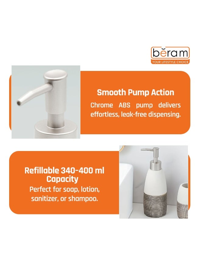 بيرام طقم ملحقات الحمام من برام ديسبنسر ذو الخطوط البسيطة 4 قطع خزفي بتشطيب غير لامع، مع موزع صابون، كوب، حامل فرشاة أسنان وصحن صابون مصنوع يدويًا (أبيض وأسود) (موزع سائل) - Image 3