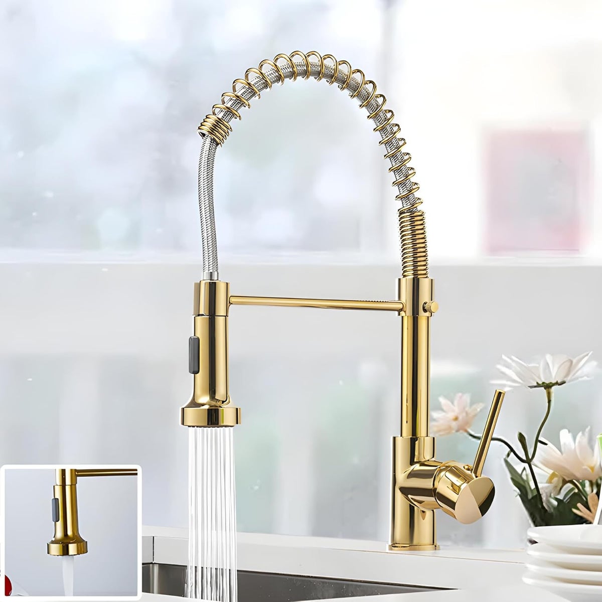 Multi Task Mixer inart Designer Brass Single Handle High Arc Spring Pull Out Kitchen ...