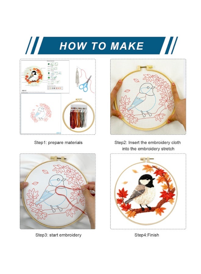Beginner Embroidery Kit, Cute Bird & Maple Leaf Hand Embroidery Set with Hoop, Full DIY Stitching Supplies for Adults & Kids, Home Decor Craft Kit - Image 4