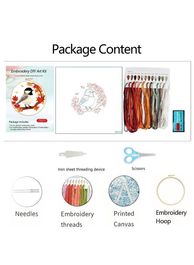 Beginner Embroidery Kit, Cute Bird & Maple Leaf Hand Embroidery Set with Hoop, Full DIY Stitching Supplies for Adults & Kids, Home Decor Craft Kit - Image 3