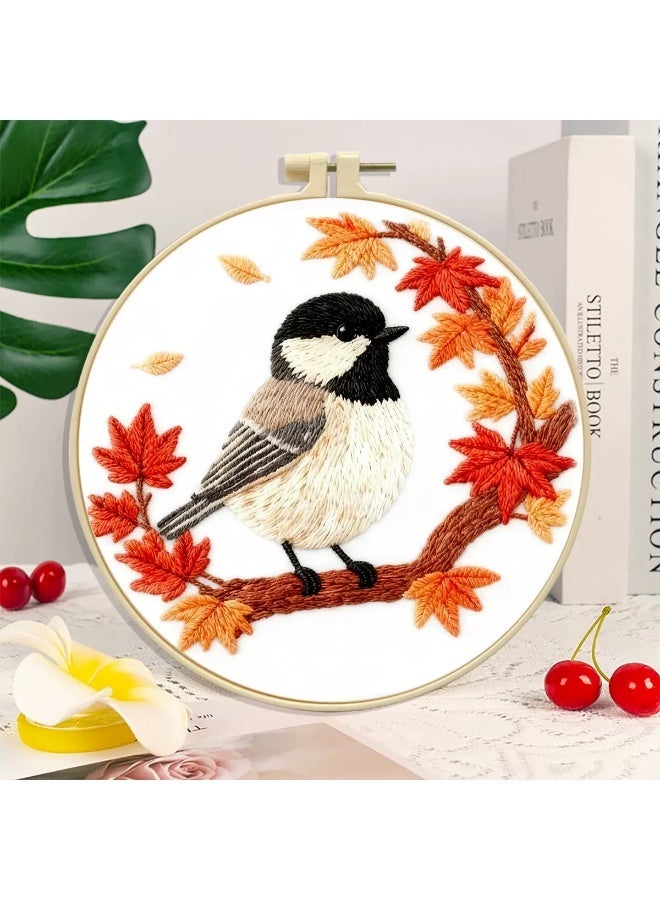 Beginner Embroidery Kit, Cute Bird & Maple Leaf Hand Embroidery Set with Hoop, Full DIY Stitching Supplies for Adults & Kids, Home Decor Craft Kit - Image 1