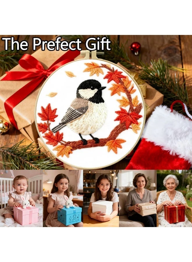 Beginner Embroidery Kit, Cute Bird & Maple Leaf Hand Embroidery Set with Hoop, Full DIY Stitching Supplies for Adults & Kids, Home Decor Craft Kit - Image 2