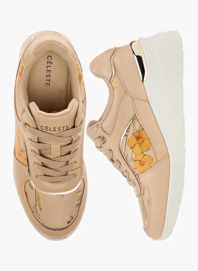 سيليست سنيكرز نسائي بطبعات زهور وكعب ويدج وإغلاق برباط