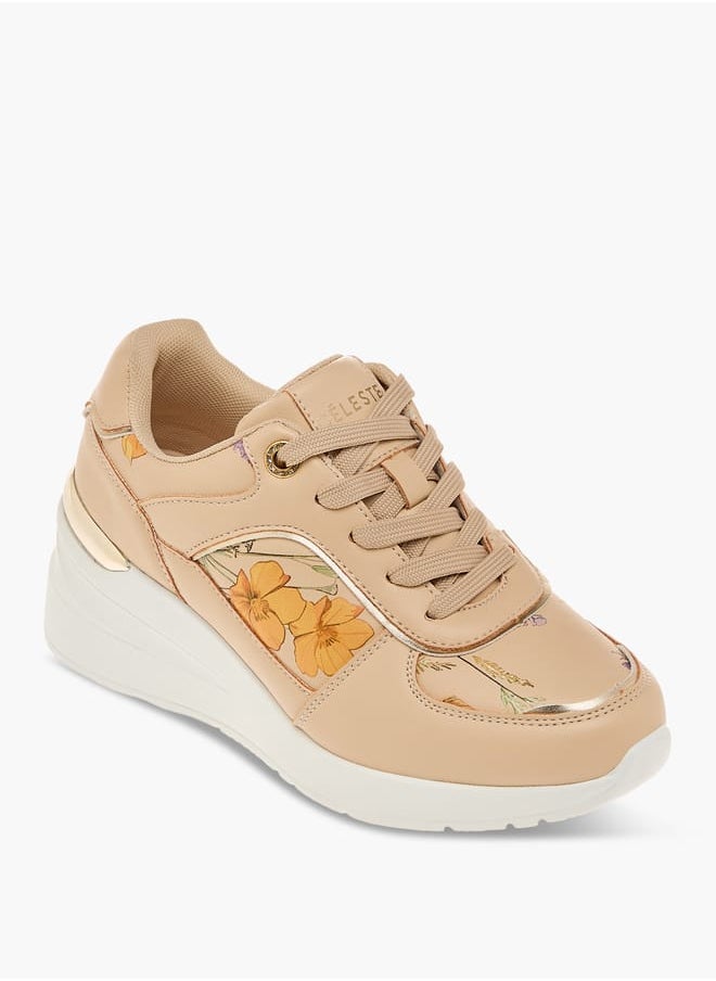 Celeste Women's Floral Print Sneakers with Wedge Heels and Lace-Up Closure  - Image 1
