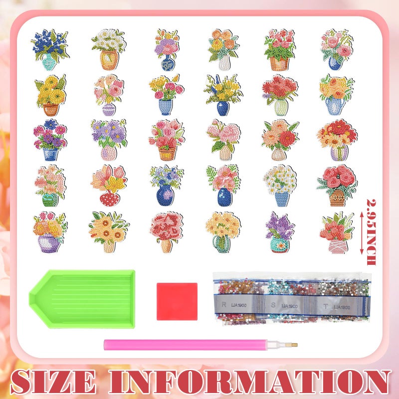 Copkim 30 Pcs Diamond Art Magnets Refrigerator Easy Art Kits Fridge Diamond Painting Magnets Stickers for Adults DIY Home Decors Flower Butterfly(Vase) - Image 3