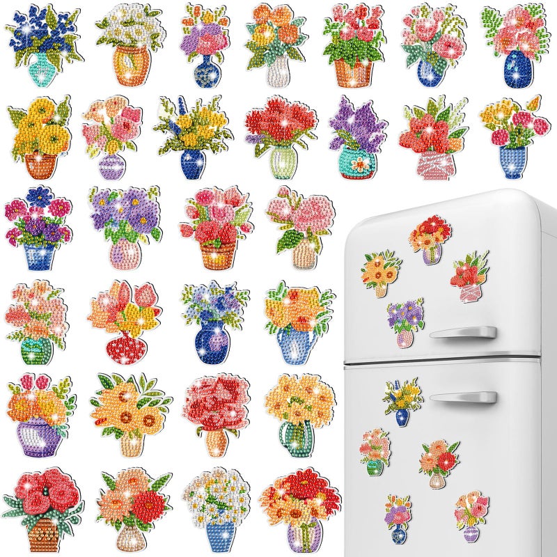 Copkim 30 Pcs Diamond Art Magnets Refrigerator Easy Art Kits Fridge Diamond Painting Magnets Stickers for Adults DIY Home Decors Flower Butterfly(Vase) - Image 1