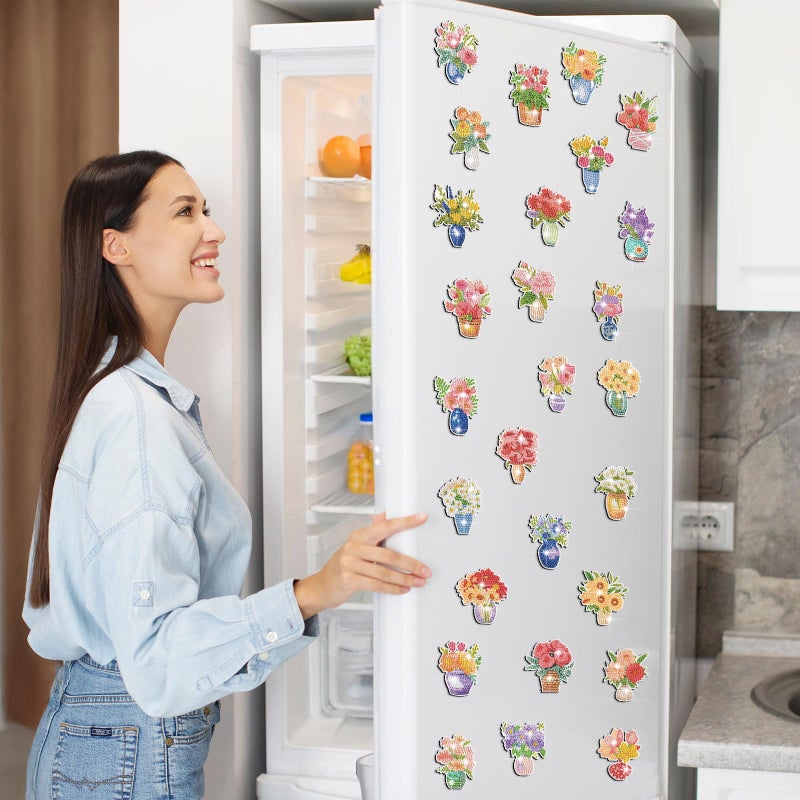 Copkim 30 Pcs Diamond Art Magnets Refrigerator Easy Art Kits Fridge Diamond Painting Magnets Stickers for Adults DIY Home Decors Flower Butterfly(Vase) - Image 2