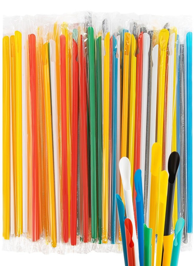 RAINFLOW 60 PCS Snow Cone Spoon Straws - Slushie Straws with Spoon Plastic Disposable Individually Wrapped Colorful for Smoothie Milkshake Snow Cone Cups - Image 1