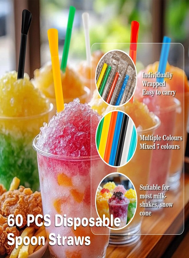 RAINFLOW 60 PCS Snow Cone Spoon Straws - Slushie Straws with Spoon Plastic Disposable Individually Wrapped Colorful for Smoothie Milkshake Snow Cone Cups - Image 3