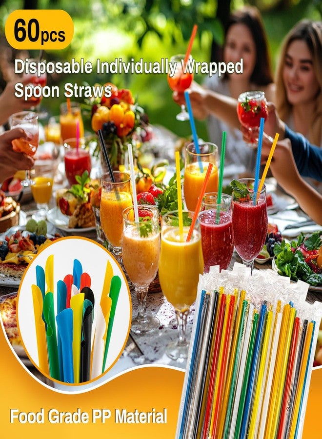 RAINFLOW 60 PCS Snow Cone Spoon Straws - Slushie Straws with Spoon Plastic Disposable Individually Wrapped Colorful for Smoothie Milkshake Snow Cone Cups - Image 4