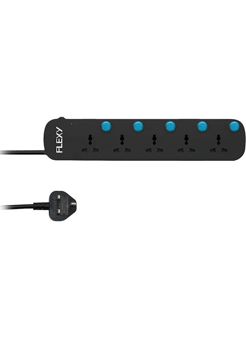 FLEXY 5 Meter 5-Way Extension Cord with Surge Protection, Auto-Detect Wire Connection, Green Lamp Indicator, and EMI/RFI Noise Filter for Secure and Efficient Use 2 Year Warranty