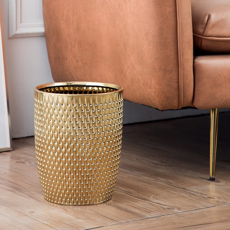 BASDHE Modern Golden Small Trash Can Wastebasket, Garbage Container Bin for Bathrooms, Powder Rooms, Kitchens, Home Offices - Durable Ceramics - Round - Image 3