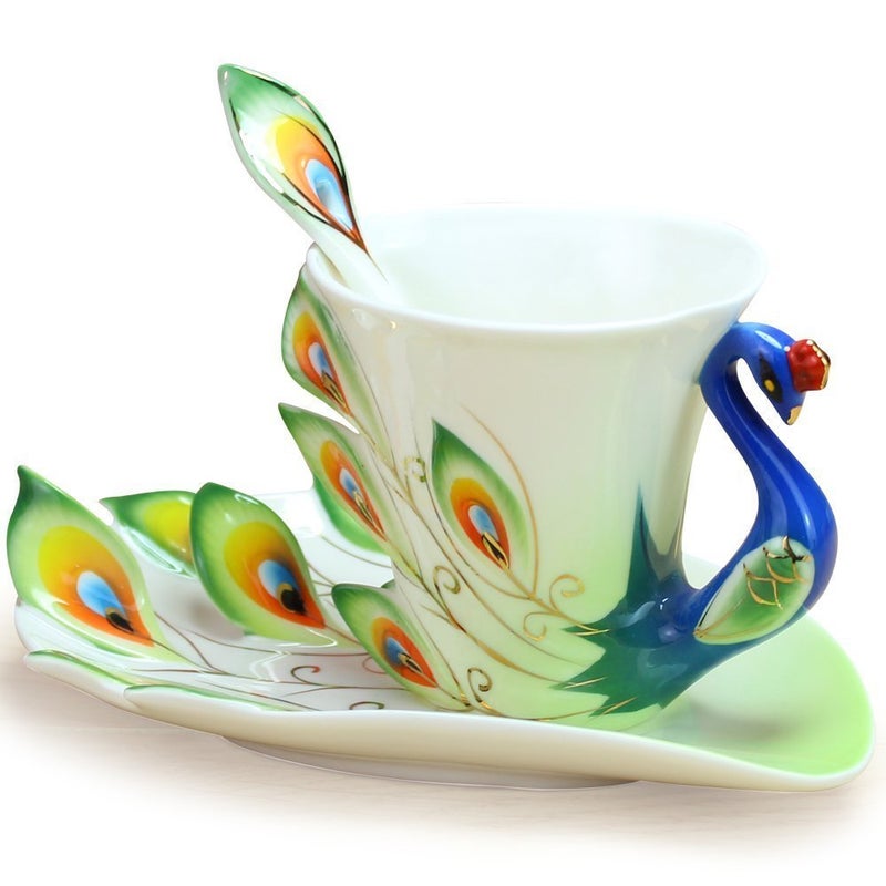 vanki 1 pc Collectable Fine Arts China Porcelain Tea Cup and Saucer Coffee Cup Peacock Theme Romantic Creative PresentGreen