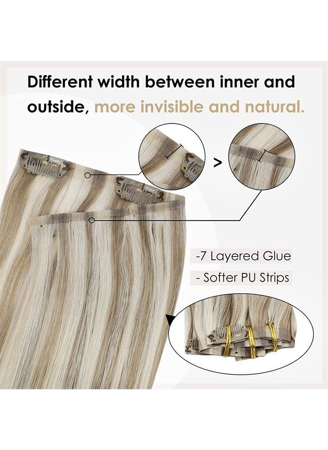 Full Shine Seamless Clip in Hair Extensions Human Hair 18 Inch Blonde Highlights Clip in Extensions Skin Weft Dark Golden Brown Mix Blonde Human Hair Extensions Pu Weft 8Pcs 120 Grams Full Head 