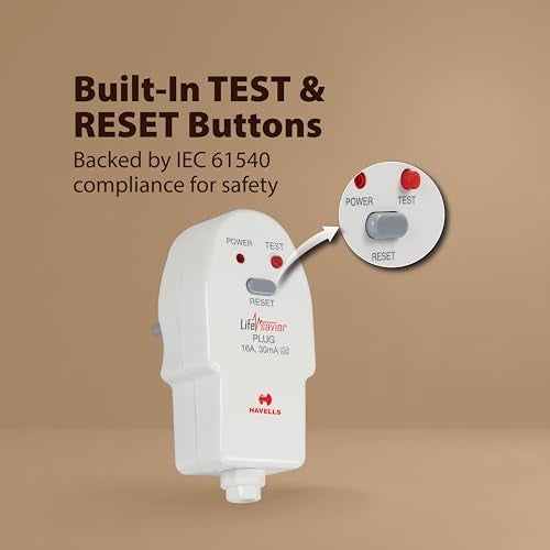 Havells Plastic 16A 30mA PRCD Plug Top, Equipped with a Safety Shutter Socket Along with An Auto Trip Feature Which Shuts Off if Detects Any Current Leakage, Backup Protection for Overload 6IEC: 61540 - Image 5