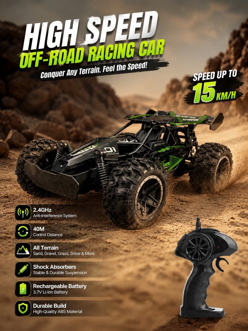 O2. Black Small High-Speed Remote Control Off-Road RC Car up to 15 km/h, 2.4GHz Racing Buggy with Rechargeable 3.7V Battery, USB Charging Cable, Metal Shock Absorbers and 40m Remote Control Range for Kids - Image 1