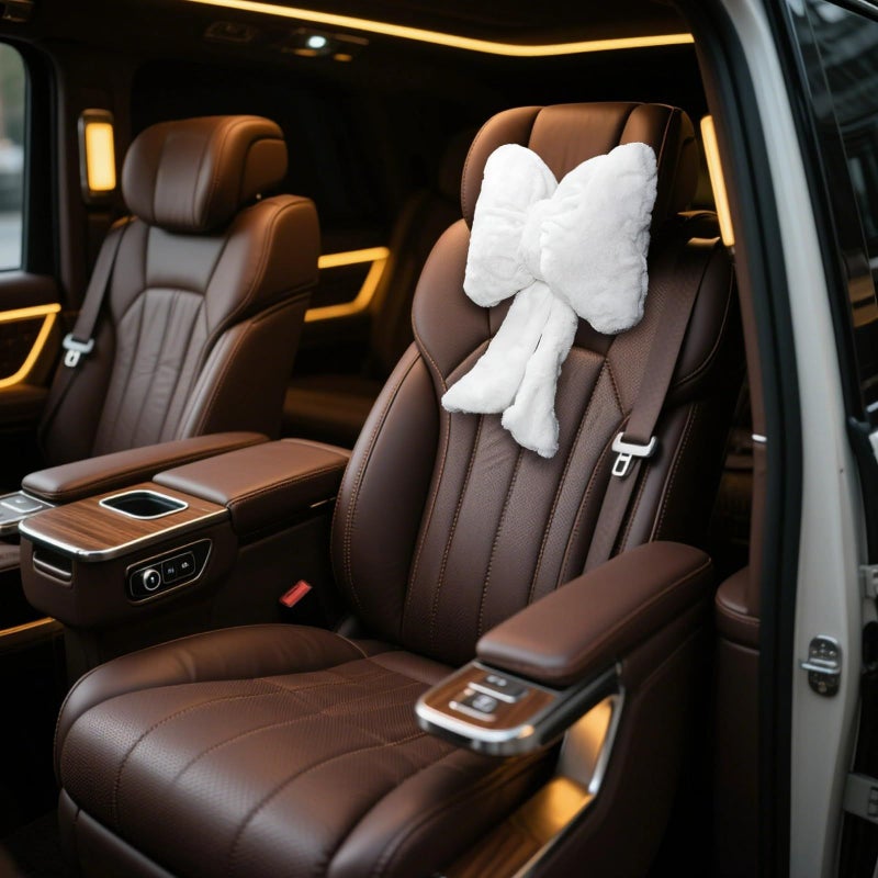 Bow Shaped Plush Car Pillow For Girls White Neck Support With Straps - Image 5