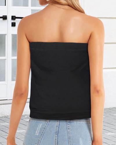 CHICGAL Women's Off The Shoulder Tops Summer Casual Bandeau Tank Casual Strapless Tube Blouse Shirts (Black,L) - Image 4