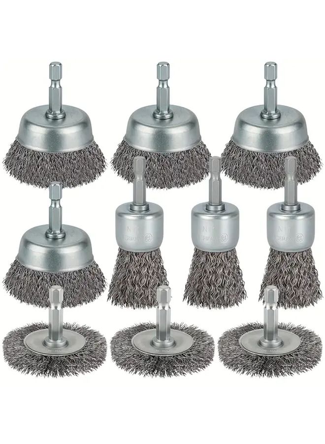 10 Piece Drill Wire Brush Set 1 4 Inch Hex Handle Rust Removal - Image 1