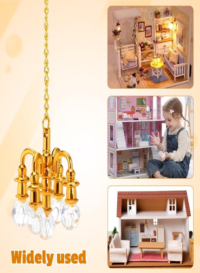 HEALEEP 2Pcs Dollhouse Miniature Chandelier, 1:12 Scale Ceiling Light Mini House Hanging Lamp, 5 Head Chrystaline Chandelier Pendant Luxury Decor Ceiling Lamp Dollhouse Accessories, Golden - Image 3