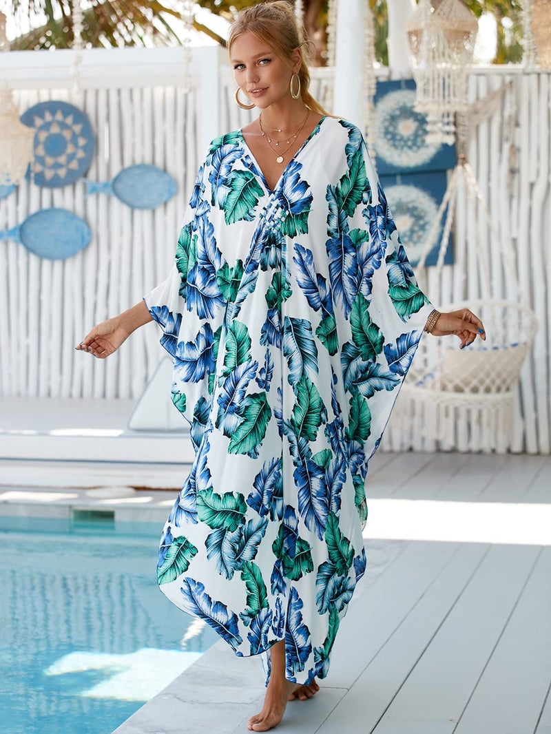 RanRui womens caftans for lounging Hand woven V neck swim cover up Caftan Rayon cotton kaftan dresses Floral Ethnic Print beach Kaftans plus size over sized aftans for women 8772-30 - Image 4